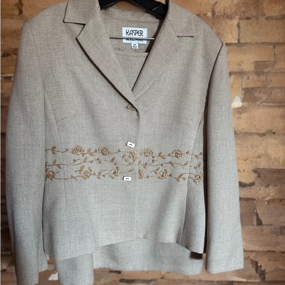 Kasper Women's Beige Blazer Suit with Floral Embroidery with matching skirt.